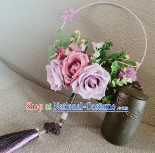 Chinese Traditional Wedding Purple Roses Palace Fans Ancient Bride Round Fans for Women