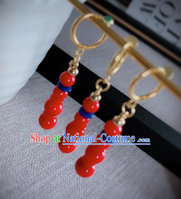 Chinese Traditional Ancient Qing Dynasty Manchu Lady Red Beads Earrings for Women