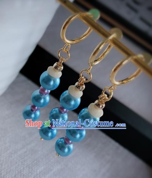 Chinese Traditional Ancient Qing Dynasty Manchu Lady Blue Beads Earrings for Women