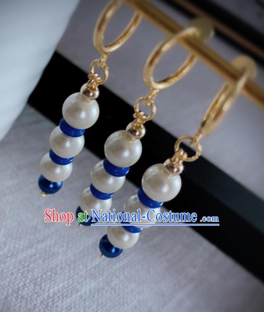 Chinese Traditional Ancient Qing Dynasty Manchu Lady White Beads Earrings for Women