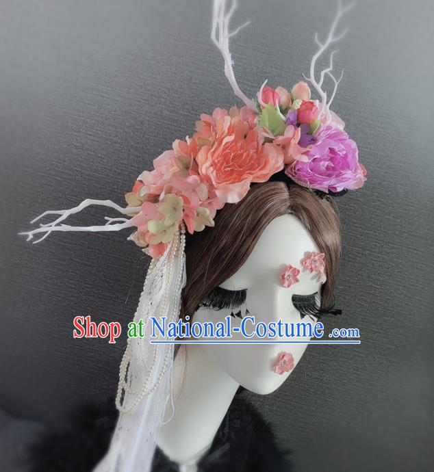 Top Grade Halloween Pink Peony Branch Hair Accessories Brazilian Carnival Headwear for Women