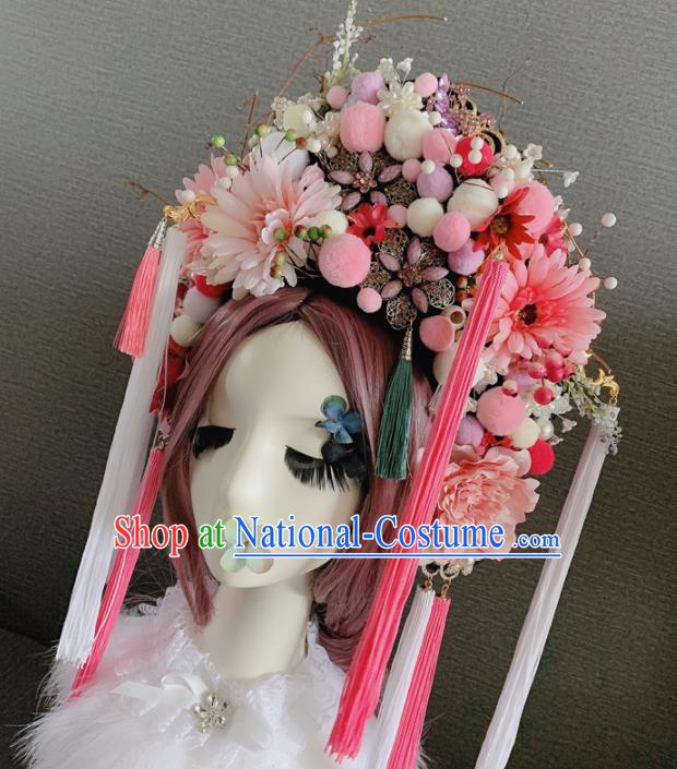 Handmade Chinese Ancient Queen Luxury Pink Flowers Hair Accessories Halloween Modern Fancywork Headwear for Women