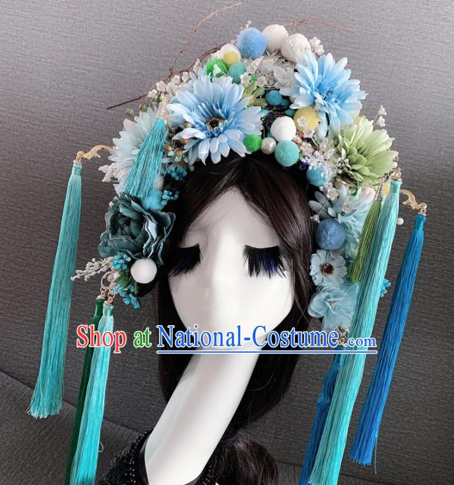 Handmade Chinese Ancient Queen Luxury Blue Flowers Hair Accessories Halloween Modern Fancywork Headwear for Women