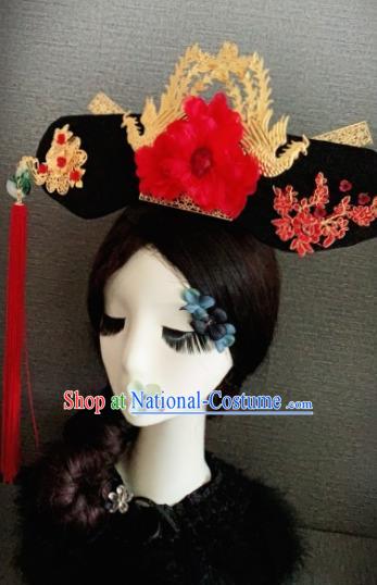 Traditional Chinese Ancient Palace Red Peony Hair Accessories Qing Dynasty Queen Headwear for Women