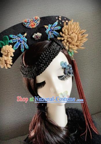 Traditional Chinese Ancient Palace Khaki Velvet Chrysanthemum Hair Accessories Qing Dynasty Queen Headwear for Women