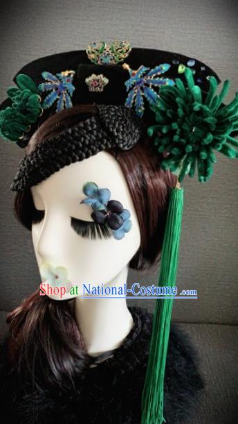 Traditional Chinese Ancient Palace Deep Green Velvet Chrysanthemum Hair Accessories Qing Dynasty Queen Headwear for Women