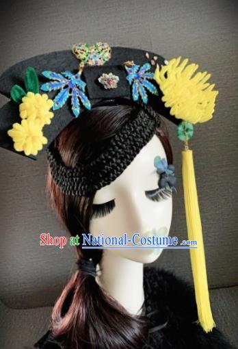 Traditional Chinese Ancient Palace Yellow Velvet Chrysanthemum Hair Accessories Qing Dynasty Queen Headwear for Women