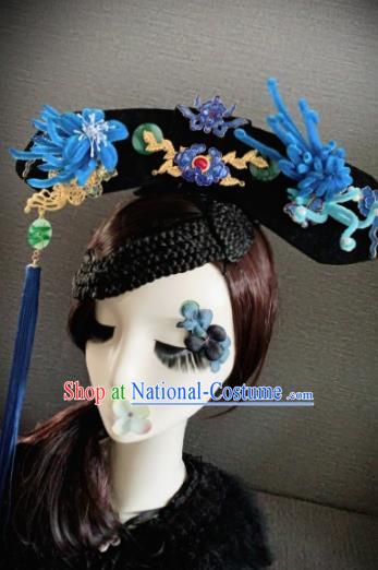 Traditional Chinese Ancient Palace Blue Velvet Phoenix Hair Accessories Qing Dynasty Queen Headwear for Women