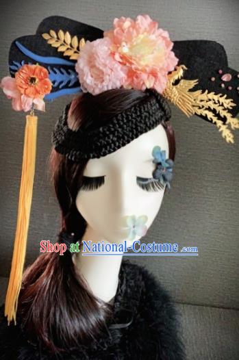 Traditional Chinese Qing Dynasty Queen Pink Peony Headwear Ancient Palace Phoenix Hair Accessories for Women