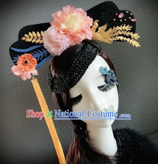 Traditional Chinese Qing Dynasty Queen Pink Peony Headwear Ancient Palace Phoenix Hair Accessories for Women