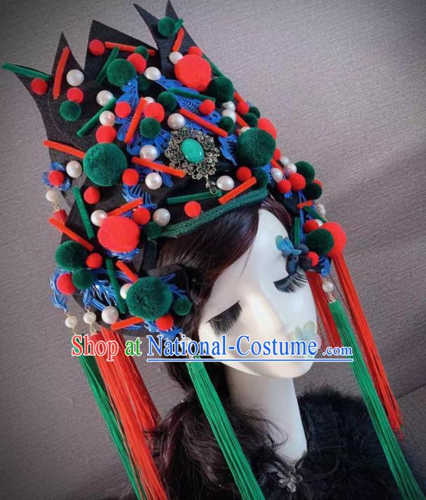 Handmade Chinese Ancient Opera Luxury Green Hair Accessories Halloween Modern Fancywork Headwear for Women