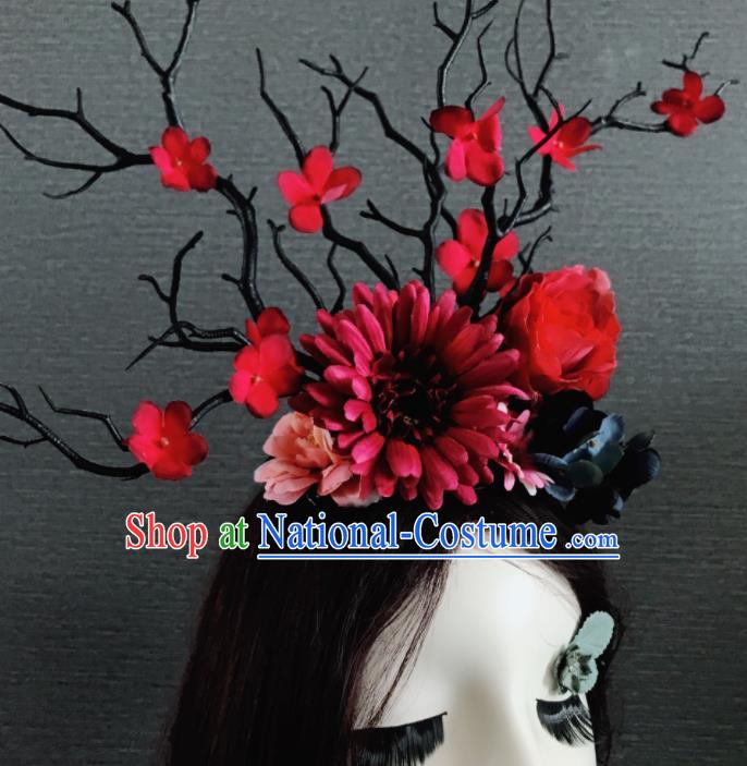 Top Grade Halloween Gothic Red Flowers Branch Hair Accessories Brazilian Carnival Headwear for Women