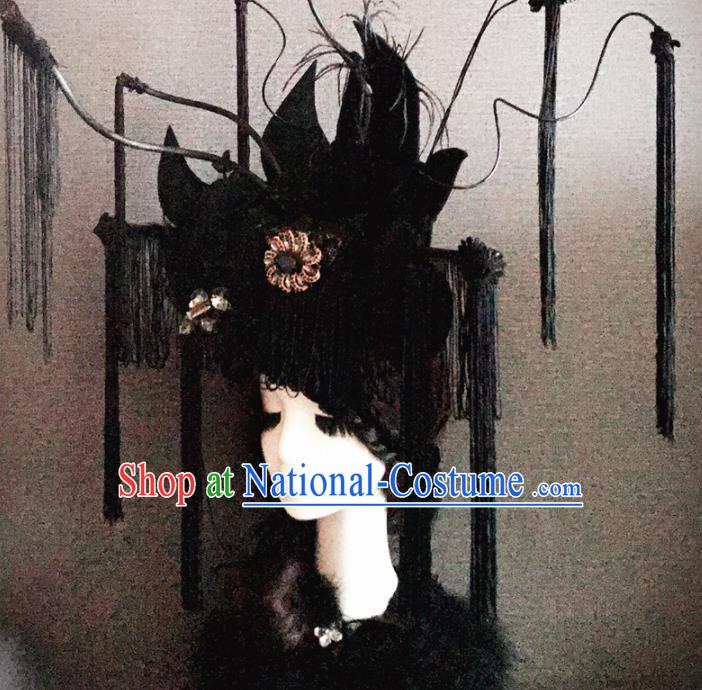 Handmade Chinese Ancient Opera Luxury Black Tassel Hair Accessories Halloween Modern Fancywork Headwear for Women