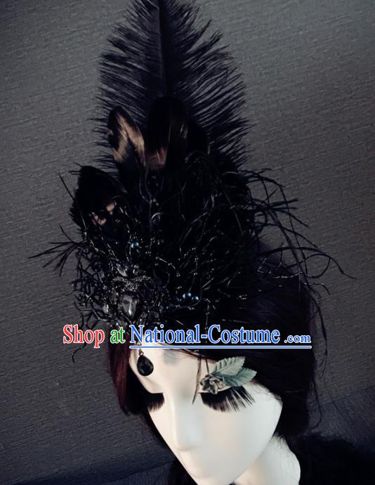 Top Grade Gothic Black Feather Hair Accessories Brazilian Carnival Halloween Headwear for Women