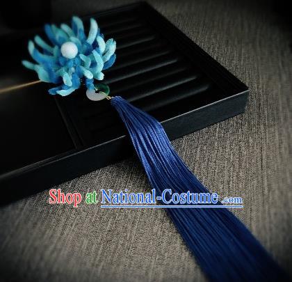 Traditional Chinese Ancient Qing Dynasty Palace Queen Blue Velvet Chrysanthemum Hairpins Headwear Hair Accessories for Women