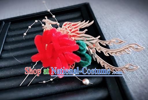 Traditional Chinese Ancient Qing Dynasty Palace Queen Red Velvet Chrysanthemum Phoenix Hairpins Headwear Hair Accessories for Women