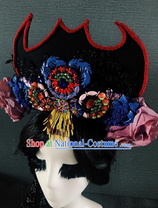 Handmade Chinese Ancient Luxury Black Hat Hair Accessories Halloween Queen Modern Fancywork Headwear for Women