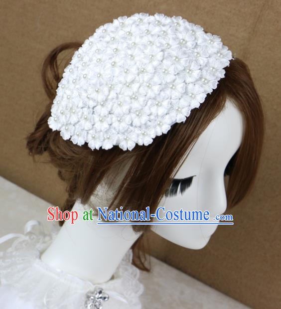 Top Grade Stage Performance White Lace Hair Accessories Princess Bride Pearls Headwear for Women