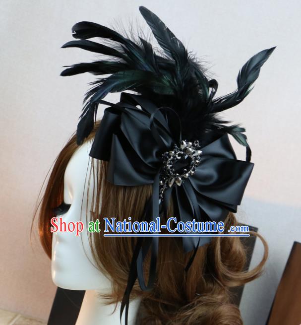 Top Grade Stage Performance Bowknot Hair Accessories Gothic Bride Black Feather Hair Stick Headwear for Women