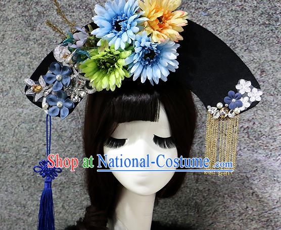 Chinese Ancient Palace Headwear Traditional Qing Dynasty Manchu Blue Flowers Hair Accessories for Women