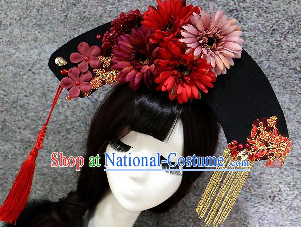 Chinese Ancient Palace Headwear Traditional Qing Dynasty Manchu Red Flowers Hair Accessories for Women