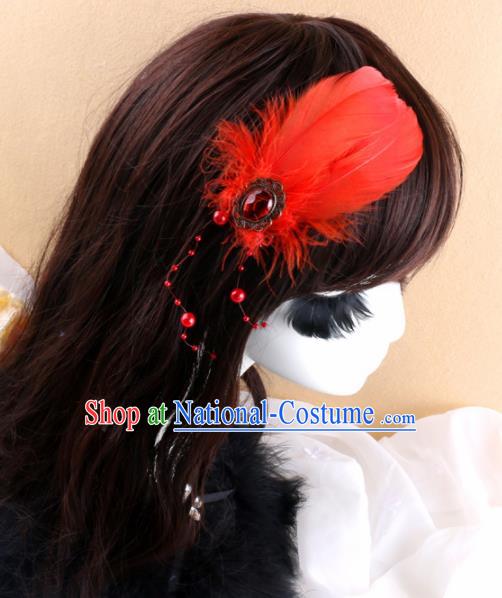 Top Grade Baroque Bride Red Feather Hair Claw Headwear Wedding Hair Accessories for Women