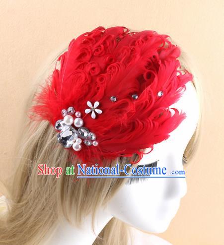 Top Grade Baroque Princess Red Feather Hair Claw Headwear Wedding Bride Hair Accessories for Women