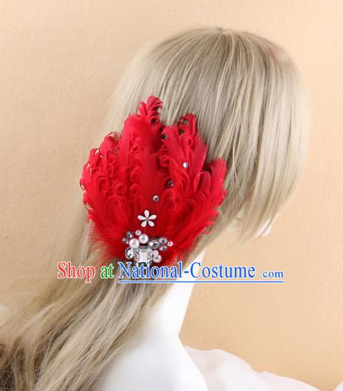 Top Grade Baroque Princess Red Feather Hair Claw Headwear Wedding Bride Hair Accessories for Women