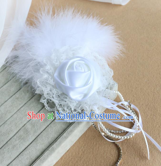 Top Grade Baroque Princess White Feather Rose Hair Stick Headwear Wedding Bride Hair Accessories for Women