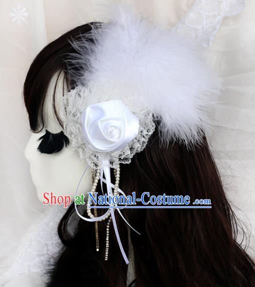 Top Grade Baroque Princess White Feather Rose Hair Stick Headwear Wedding Bride Hair Accessories for Women