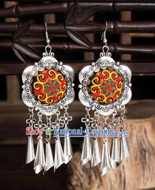 Top Grade Chinese Traditional Ethnic Accessories Miao Nationality Red Embroidered Earrings for Women