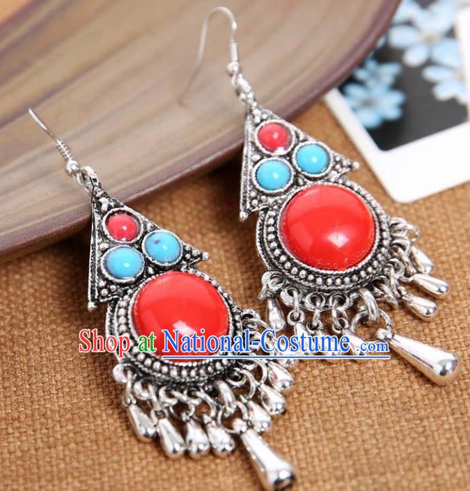 Top Grade Chinese Zang Nationality Red Earrings Traditional Ethnic Accessories for Women