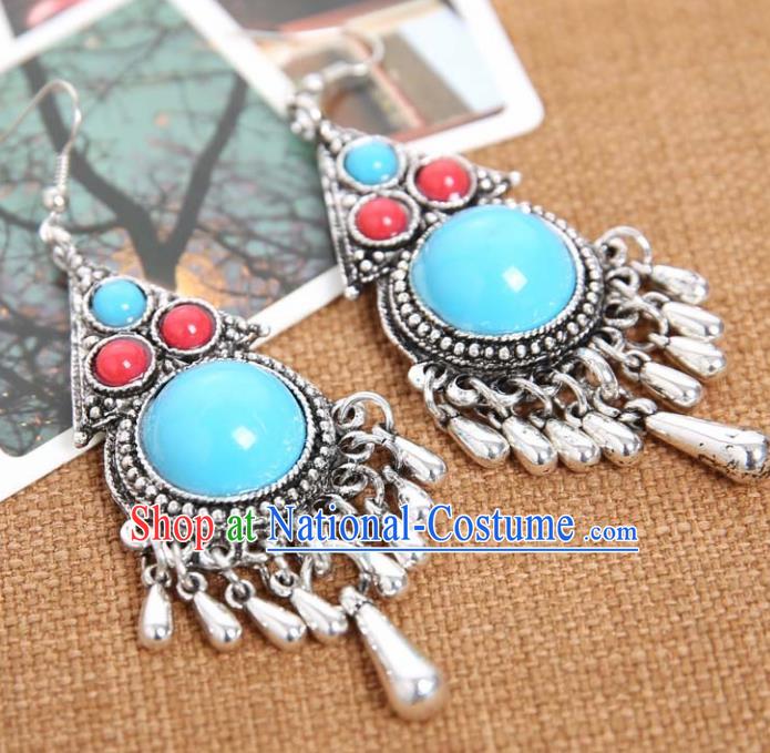 Top Grade Chinese Zang Nationality Blue Earrings Traditional Ethnic Accessories for Women