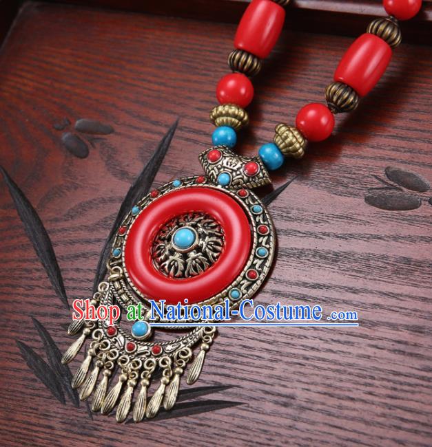 Handmade Chinese Zang Nationality Red Necklace Traditional Ethnic Necklet Accessories for Women