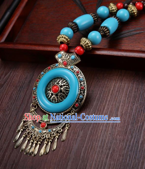 Handmade Chinese Zang Nationality Blue Necklace Traditional Ethnic Necklet Accessories for Women