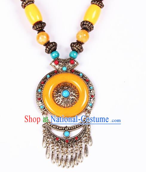 Handmade Chinese Zang Nationality Yellow Necklace Traditional Ethnic Necklet Accessories for Women