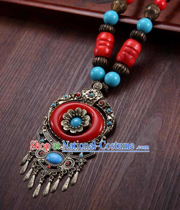 Handmade Chinese Zang Nationality Necklace Traditional Ethnic Red Necklet Accessories for Women