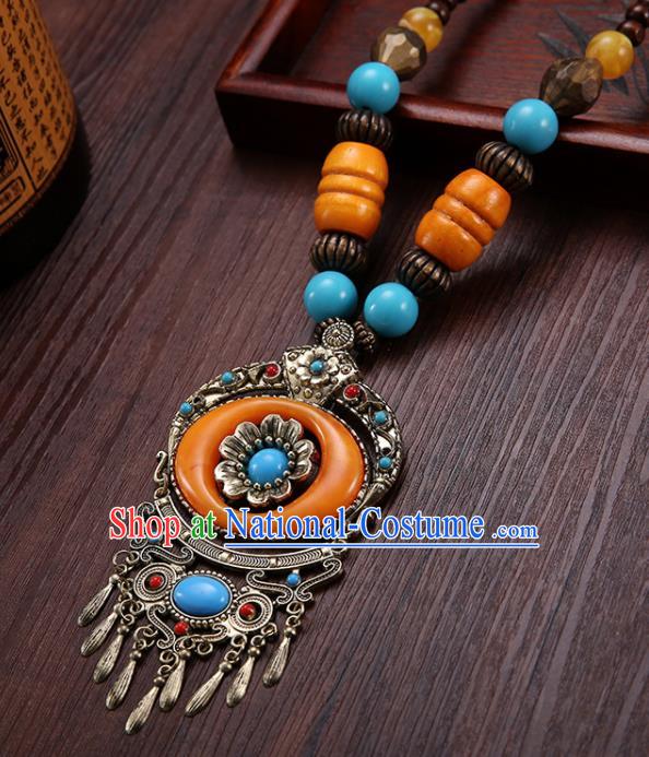 Handmade Chinese Zang Nationality Necklace Traditional Ethnic Orange Necklet Accessories for Women