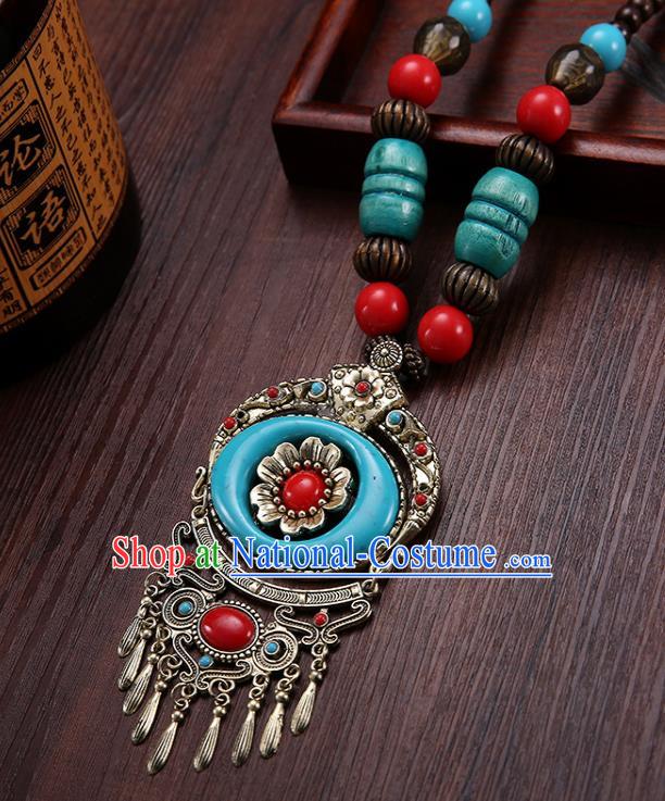 Handmade Chinese Zang Nationality Necklace Traditional Ethnic Blue Necklet Accessories for Women