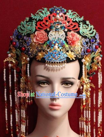 Chinese Ancient Empress Headwear Cloisonne Tassel Hat Traditional Qing Dynasty Queen Hair Accessories for Women