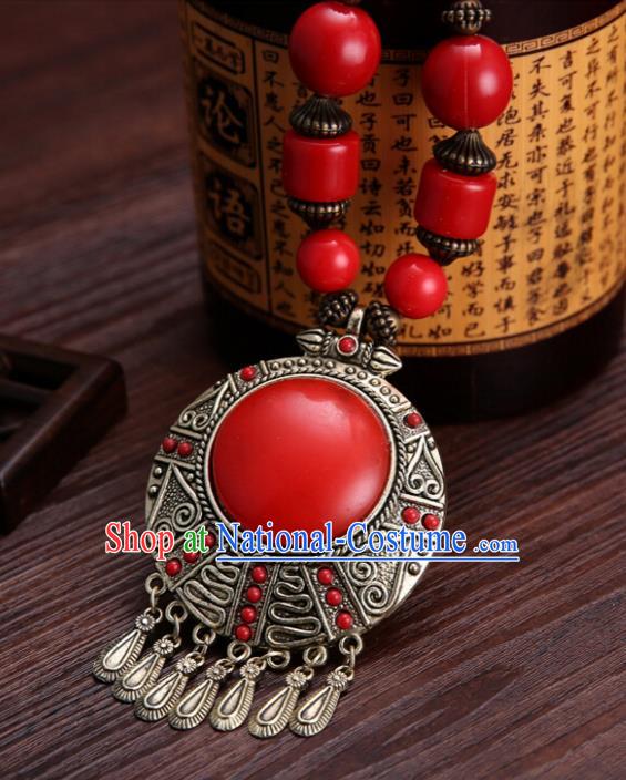 Handmade Chinese Ethnic Tibetan Red Necklace Traditional Zang Nationality Necklet Accessories for Women