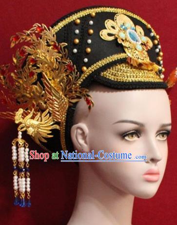 Chinese Ancient Manchu Empress Headwear Golden Phoenix Hat Traditional Qing Dynasty Queen Hair Accessories for Women