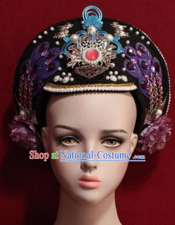 Chinese Ancient Manchu Empress Headwear Purple Phoenix Hat Traditional Qing Dynasty Queen Hair Accessories for Women