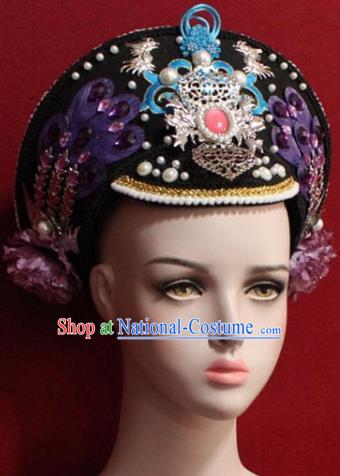 Chinese Ancient Manchu Empress Headwear Purple Phoenix Hat Traditional Qing Dynasty Queen Hair Accessories for Women