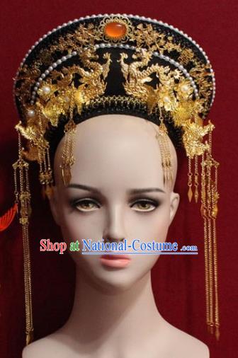 Chinese Ancient Manchu Empress Headwear Golden Phoenix Tassel Hat Traditional Qing Dynasty Queen Hair Accessories for Women