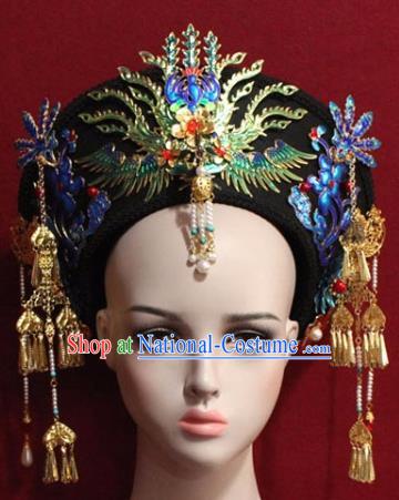 Chinese Ancient Manchu Empress Headwear Blueing Phoenix Hat Traditional Qing Dynasty Queen Hair Accessories for Women