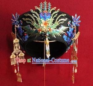 Chinese Ancient Manchu Empress Headwear Blueing Phoenix Hat Traditional Qing Dynasty Queen Hair Accessories for Women