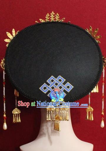 Chinese Ancient Manchu Empress Headwear Blueing Phoenix Hat Traditional Qing Dynasty Queen Hair Accessories for Women