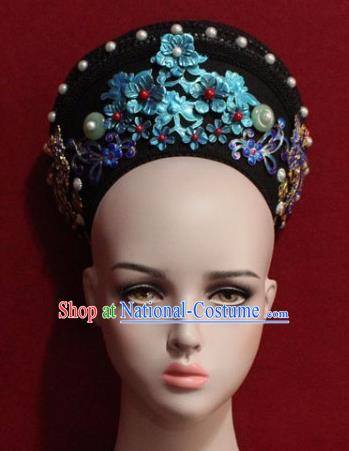 Chinese Ancient Manchu Empress Headwear Blueing Flowers Hat Traditional Qing Dynasty Queen Hair Accessories for Women