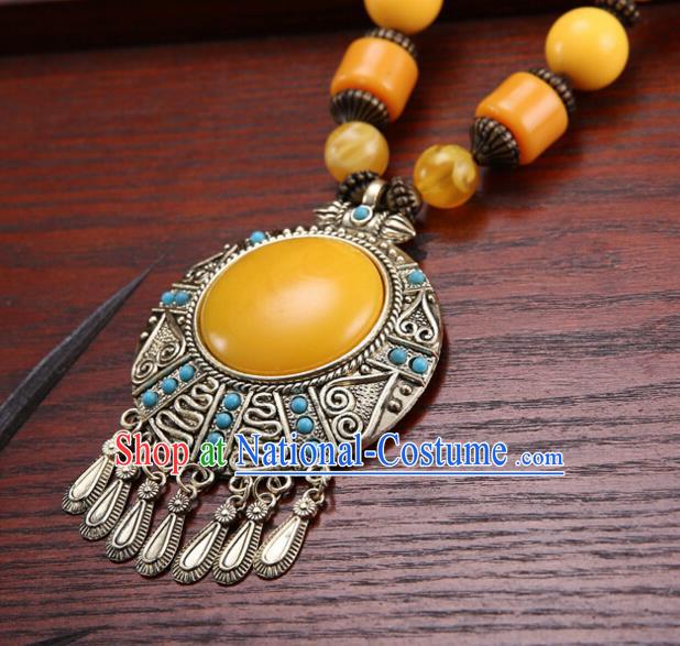 Handmade Chinese Ethnic Tibetan Yellow Necklace Traditional Zang Nationality Necklet Accessories for Women